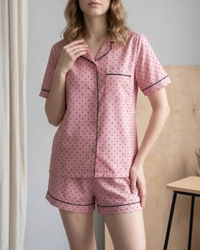 Shein Lapel Collar Short Sleeve Polka-Dot Shirt & Shorts Set-picture-11