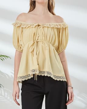 Shein Off Shoulder Puff Sleeve Tie Up Lace Trim Tunic Top-picture-31
