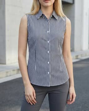 Shein Sleeveless Spread Collar Back Tie-Up Striped Shirt-picture-53
