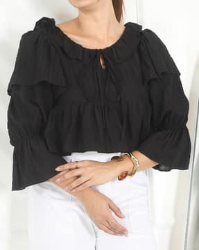 Shein Shein Women Tie-Up Neck Layered Flounce Sleeve Peplum Top