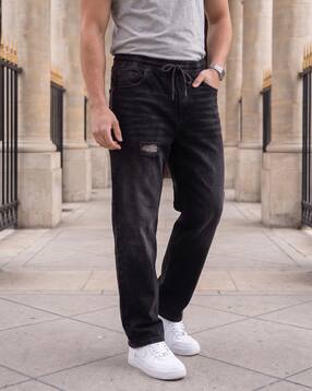 Shein Elasticated Drawstring Waist Mid Wash Distressed Jeans-picture-44