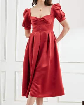 midi occasion dress with sleeves Tea-Length Midi Prom Dress with Short Puff Sleeves Black / Medium