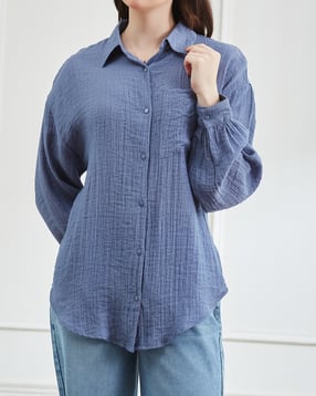 Shein Spread Collar Drop Shoulder Textured Shirt With Pocket-picture-40