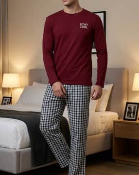 Shein Typographic Print Crew Tshirt & Checked Pyjama Set-picture-53