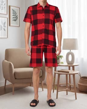 Shein Spread Collar Checked Shirt & Shorts Lounge Set-picture-36
