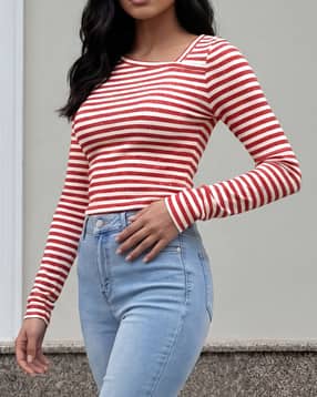 Shein Asymmetrical Neck Full Sleeve Striped Short Top-picture-46