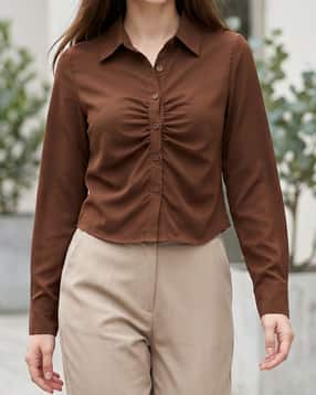 Shein Spread Collar Cuffed Sleeve Front Ruched Shirt-picture-27