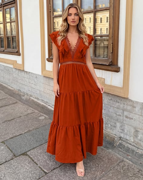 shein mock neck gathered sleeve layered ruffle detail dress Buy Rust Dresses for Women by Online Levante2011