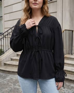 Shein Open Front Tie-Up Bishop Sleeve Peplum Long Top-picture-43
