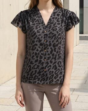 Shein Ruffle Short Sleeves Animal Print Shirt Style Top-picture-52