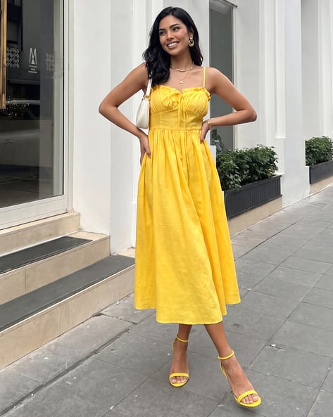 yellow long dress summer Buttercream Yellow Midi Floral Dress with Pockets Buttercream Floral Print / Large
