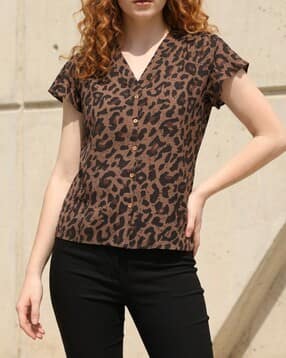 Shein Ruffle Short Sleeves Animal Print Shirt Style Top-picture-17