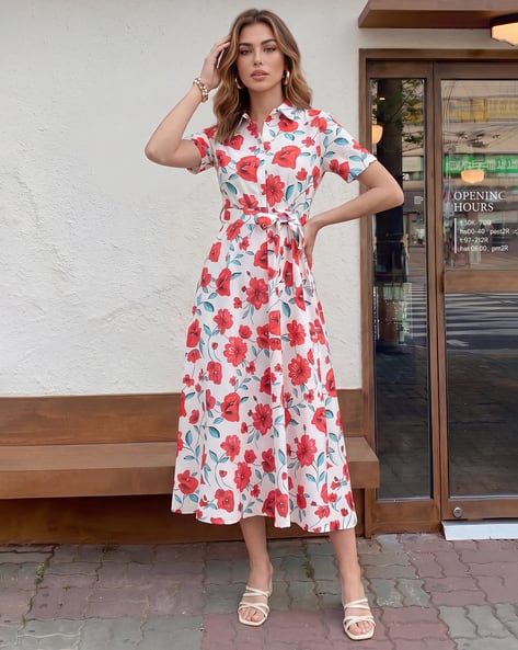 shein red and white dress SHEIN Red White Polka Dot Button Front Flounce Cold Shoulder Midi Dress Size S