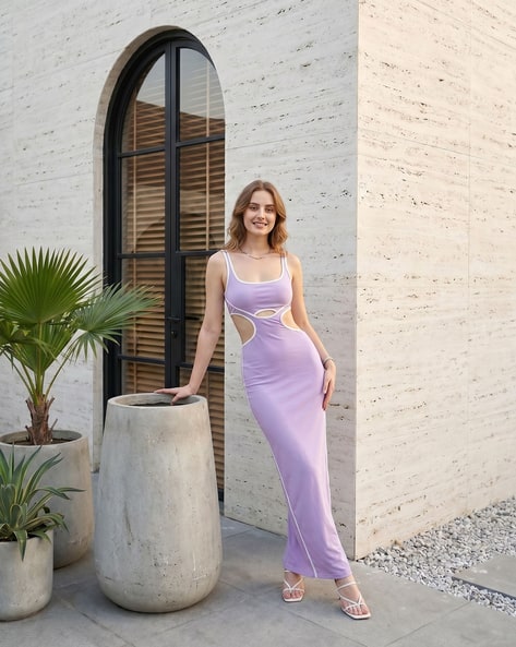 mauve ribbed strappy cut out detail bodycon dress Martina