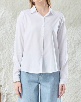 Shein Medium Length Spread Collar Cuffed Sleeve Shirt-picture-22