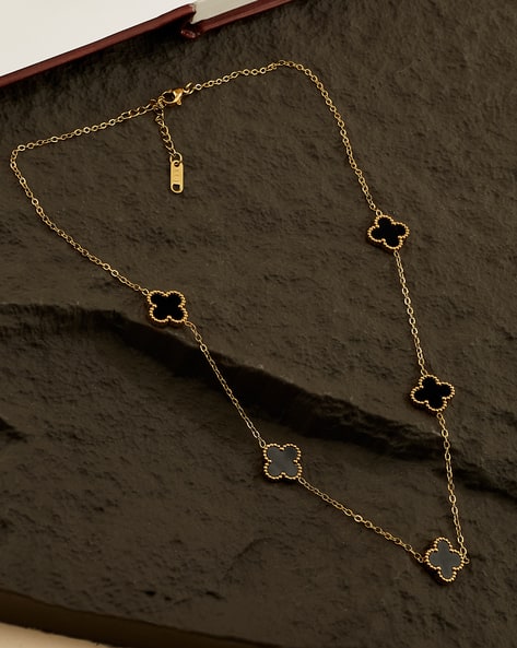 Shein Women Clover Shaped Black Inlay Enamel Necklace