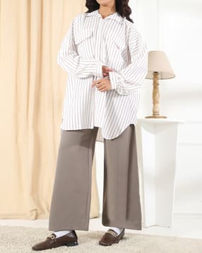 Shein Spread Collar Drop Shoulder Striped Long Shirt-picture-22