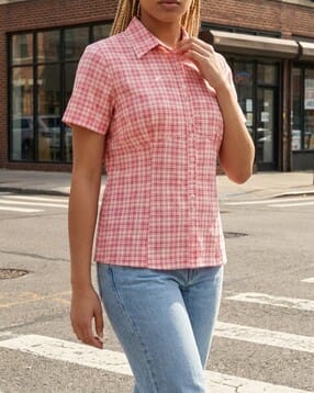 Shein Spread Collar Short Sleeve Panelled Checked Shirt-picture-17