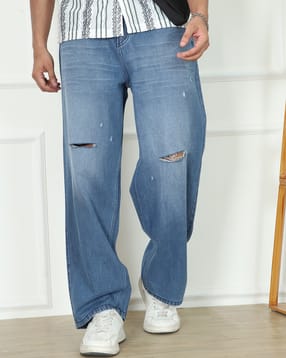 Shein Fly With Button Closure Mid Wash Distressed Jeans-picture-45