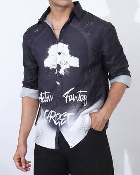 Shein Spread Collar Full Sleeve Typographic Print Shirt-picture-17