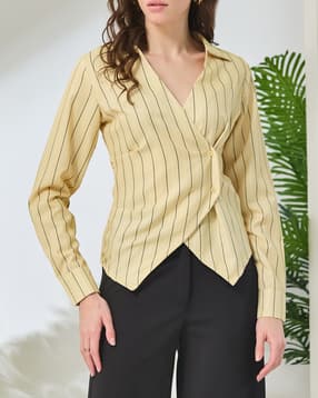 Shein Spread Collar Overlay Wrap Style Striped Shirt-picture-32