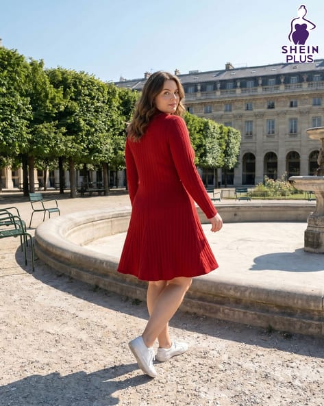 shein burgundy dress Veilorie Red Women's Solid Color Round Neck Long Sleeve | Burgundy Red Womens Solid Color Simple Everyday Open Shoulder Dress SHEIN Belle Burgundy Red Plus