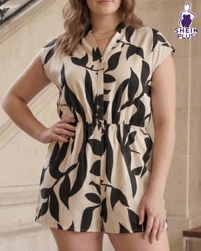 shein plus Shein Mandarian Collar Extended Sleeve Leaf Print Playsuit-picture-27