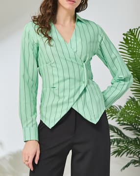 Shein Spread Collar Overlay Wrap Style Striped Shirt-picture-11