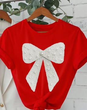 shein plus Shein Short Sleeve Embellished Bow Design Crew Tshirt-picture-21