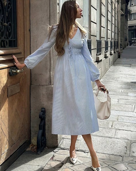 shein blue white dress SHEIN LUNE Women Casual Blue & White Printed Mid-Length Dress, Suitable For Spring And Summer Dresses Women,Sun Women,Shirt Boho Chic