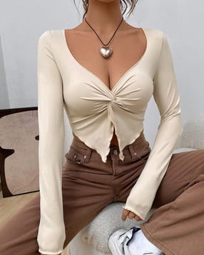 Shein Deep V Neck Twisted Front Slit Crop Top-image-8