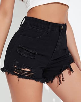 Shein Fly With Button Closure Distressed Denim Shorts-picture-36