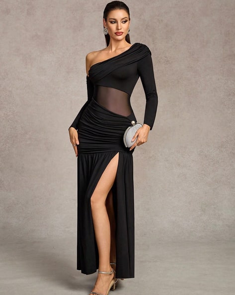 shein one shoulder split thigh dress Zolique One Shoulder Ruched Split Thigh Dress Maxi Women Outfit