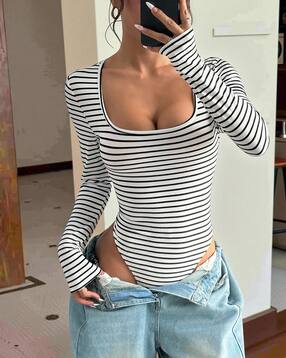 Shein Square Neck Full Sleeve Striped Bodysuit-picture-26