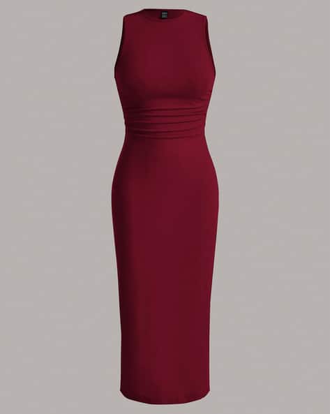 shein burgundy maxi dress High Neck Sleeveless Shein Sleeveless Side Ruched Sheath Dress For Women (Burgundy, S) Chocolate | Wool Cashmere Wild and Free Boutique Color:#52-Black