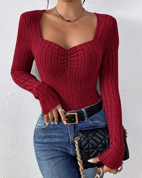 Shein Front Ruched Sweetheart Neck Ribbed Top-picture-35