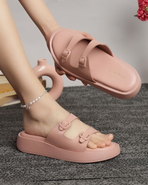 Shein Women Open Toe Buckle Detail Platform Sliders