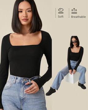 Shein Women Medium Length Full Sleeve Square Neck Tshirt-picture-11
