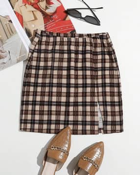 Shein Elasticated Waist Slit Hem Checked Mini A-Line Skirt-picture-45