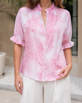 Shein Mandarin Collar Paisley Print Loop Lace Trim Shirt-picture-12