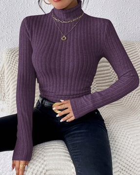 Shein Shein Women Turtle Neck Full Sleeve Ribbed Short Top