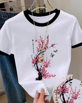 Shein Shein Women Short Sleeve Graphic Chest Print Crew Tshirt