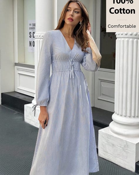 shein blue and white dress Shein Dresses | Womens Large Shein Blue White Striped Button Front Maxi Spaghetti Strap Dress | Color: Blue/White | Size: L