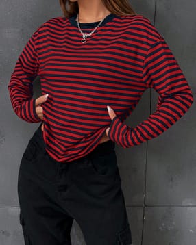Shein Medium Length Drop Shoulder Striped Crew Tshirt-picture-47