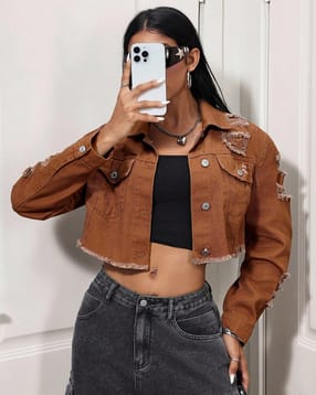 Shein Spread Collar Distressed Buttoned Denim Jacket-picture-21