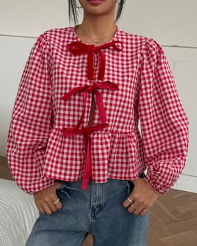 Shein Peasant Sleeve Front Open Tie-Up Checked Peplum Top-picture-23