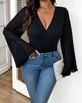 shein plus Shein Bell Sleeves Deep V-Neck Mock Wrap Bodysuits-picture-11