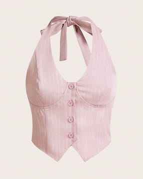 Shein Halter Neck Tie-Up Panelled Stripes Top-picture-15