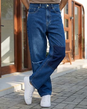 Shein Shein Men Low Rise Full Length Frayed Panelled Mid Wash Jeans