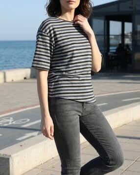 Shein Drop Shoulder Asymmetric Hem Striped Crew Tshirt-picture-34